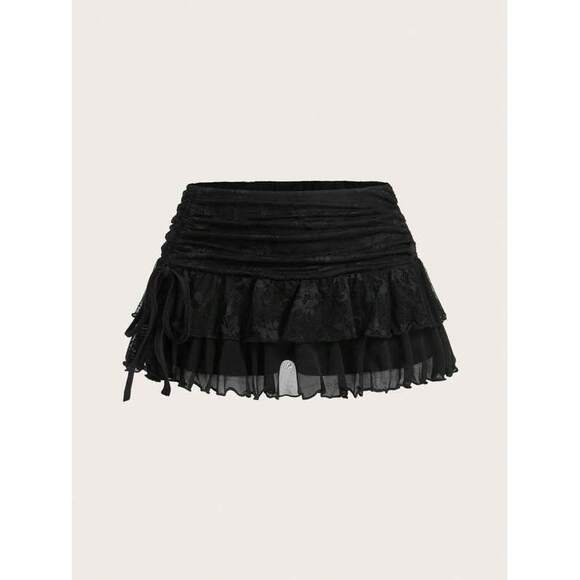 Dresses & Skirts - ICON Ultra Low-Waist Lace & Mesh Double-Layer Pleated Wrap-Tie High-Slit W